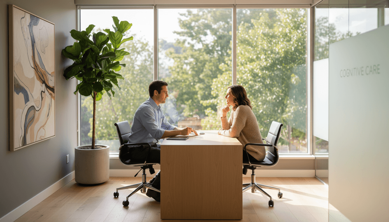 Two professionals having a consultation conversation in a bright, welcoming office space